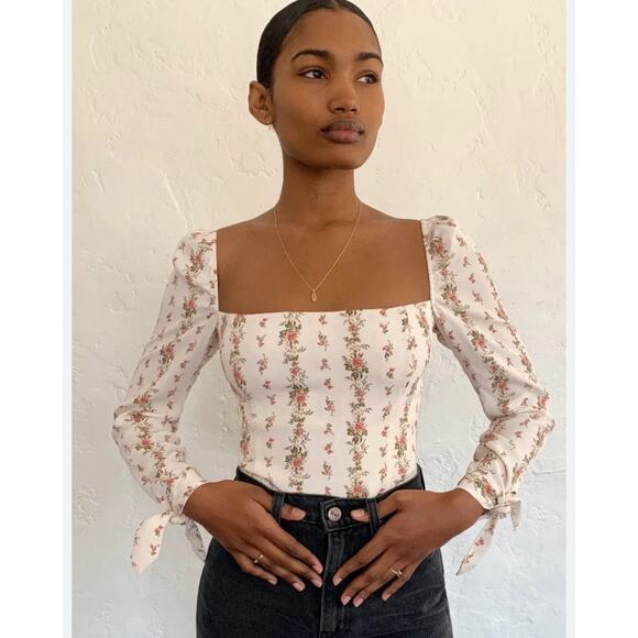 Reformation Ariana Ivory Floral Smocked Square Neck Tie-Sleeve Blouse Top Size 0 - Picture 1 of 11